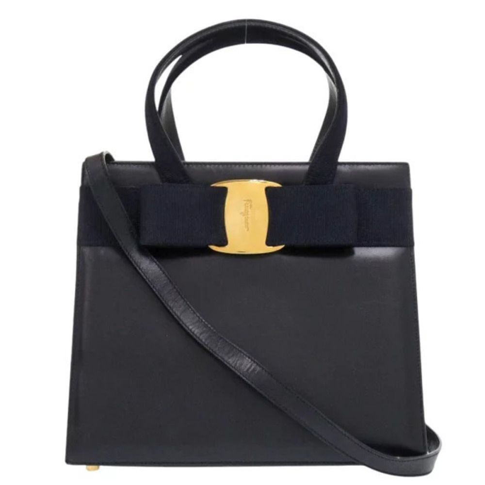 Salvatore Ferragamo Vara Ribbon Leather Black Navy Blue Shoulder Bag